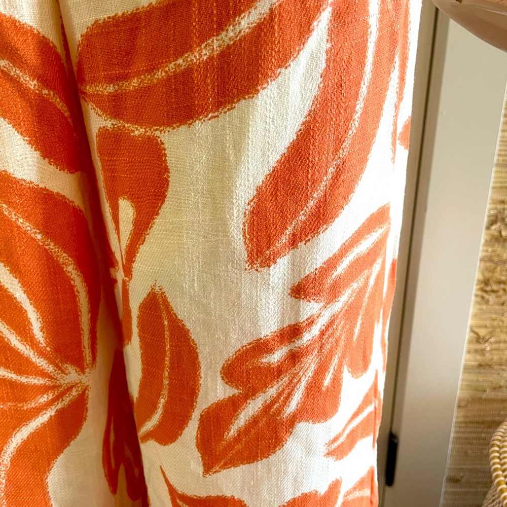 Orange and White Leaf Print Women's Linen Blend Pants - Picture 7 of 9